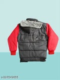 Boys Red/Black Polyster Trandy Jacket for boys. 100% Polyester, perfect winterwear with colorblocked pattern and safe silicone zipper pull. Comfortable for sensitive skin, suitable for various outings. Made in India