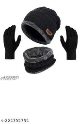 Trendy black woolen beanie cap & cotton glove set (India) - Winter protection for men & women
