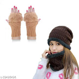 Textured Arcylic unisex coffee-colored woolen beanie cap with neck warmer and gloves, perfect for winter sports
