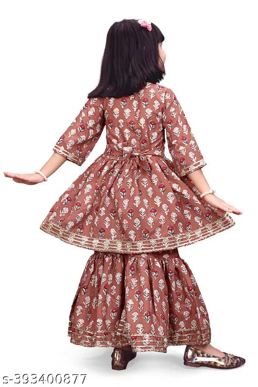 Orange festive collection cotton anarkali pants kurta set for girl, printed and fully stitched