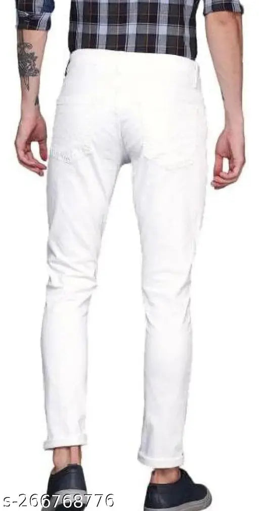 Cotton blend plain white jeans for men, solid front view - multiple sizes available: 28, 30, 32, 34, 36 (India origin)