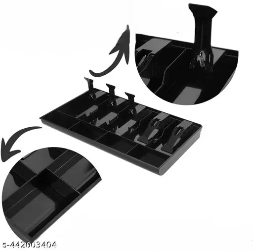 Black ABS cash register insert tray with 5 bill/4 coin compartments, easy organization for cash storage