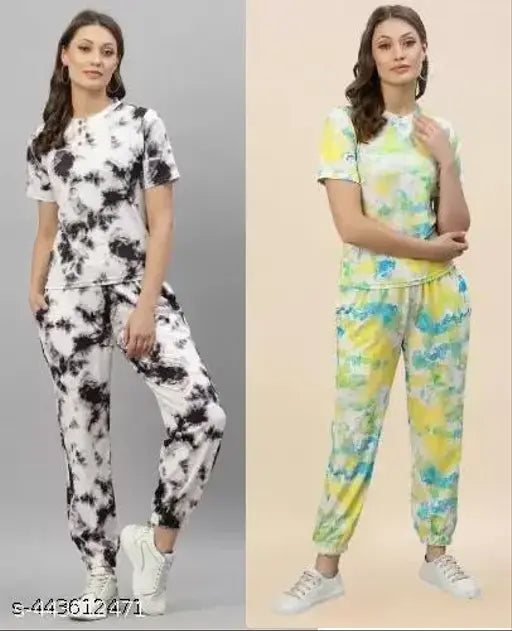 Trending poly crepe nightdress and pyjamas set, short-sleeved dyed/washed net style. Available in sizes S, M, L, XL (India origin)