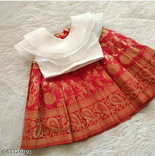 Red Dupion Silk Kids Lehenga & Croptop, self-design jacquard pattern, party-ready Indian attire