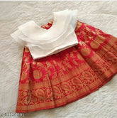 Red Dupion Silk Kids Lehenga & Croptop, self-design jacquard pattern, party-ready Indian attire