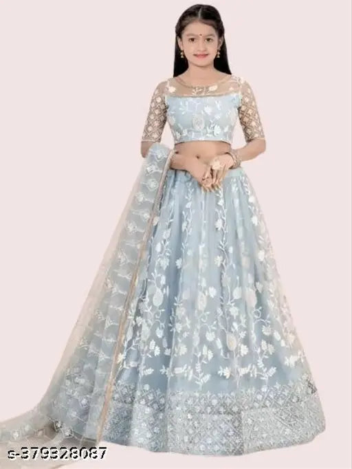 Embroidered net lehenga choli set for kids, short-sleeved and 1050 size, Indian traditional attire