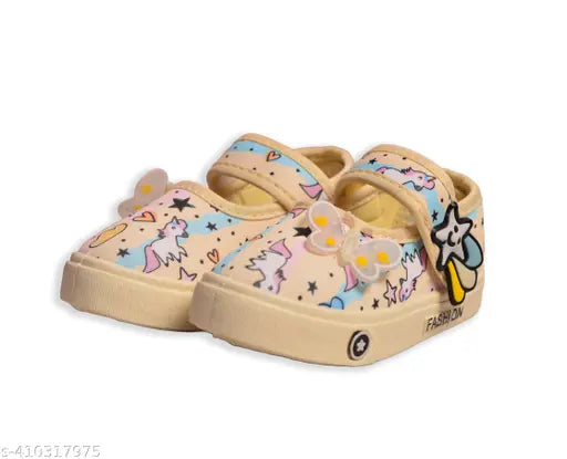 Casual stylish mesh applique yellow girl's belly bootie, soft synthetic leather with TPR sole, velcro fastening, anti-slip sole for safety and comfort