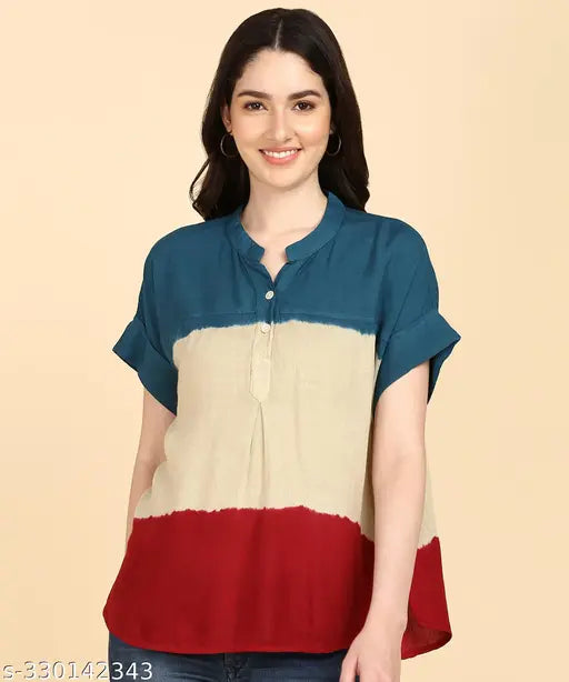 Multicolor tie-dye rayon staple top, vibrant and stylish women's clothing on hangar, India origin