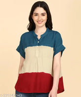 Multicolor tie-dye rayon staple top, vibrant and stylish women's clothing on hangar, India origin