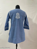 Denim cotton top with chikan hand embroidery kurti for women, soft and stylish, rayon fabric, three-quarter sleeves