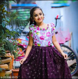 Baby Girls Satin Silk, Georgette A-Line Round Neck Cap Sleeve lehenga choli set with rayon lehenga and embroidered dupatta, printed pattern, short sleeves