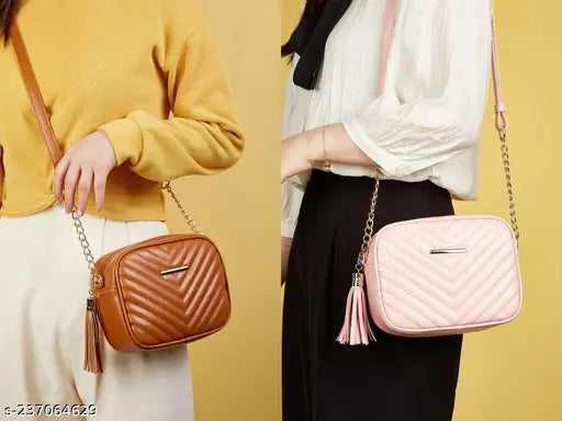 Classic PU quilted slingbag for women (Pack of 2), free size, Indian-made fashion accessory