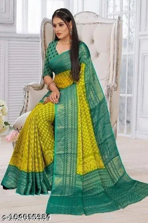 Chiffon Brasso printed saree, free size Indian georgette saree with matching running blouse and same-pattern border