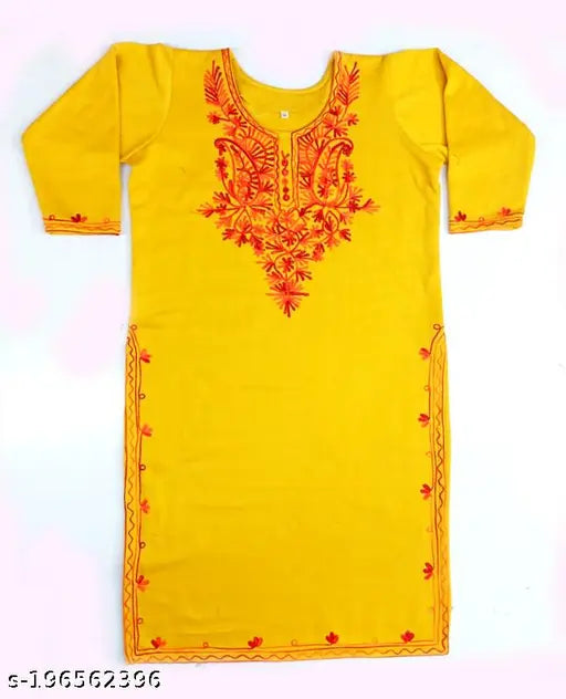 Trendy mustard woolen winter kurti with embroidered sleeves and lace detailing, premium quality handcrafted Indian fashion for women