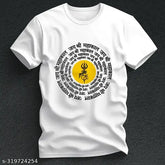 White polyester t-shirt featuring circular Mahakal print, Jai Shree Mahakal design for men, Indian apparel with short sleeves
