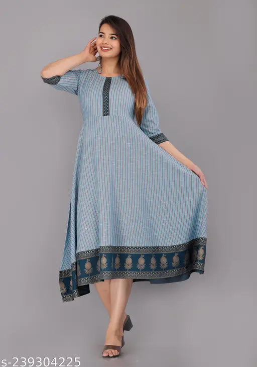 New striped cotton three-quarter sleeve Anarkali kurti, lightweight, soft, elegant fit for women - Indian traditional wear