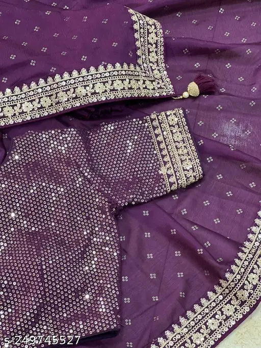 Wine-colored vichitra silk saree with stitched satin blouse, intricate zari embroidery, Indian designer ready-to-wear bridal saree for party wear or wedding events