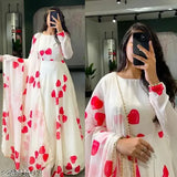 Georgette maxi gown with lace dupatta and long sleeves, beautiful heart print design - Indian bridal wear