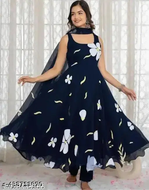 Georgette printed net fency anarkali gown for women, red partywear designer embroidery on high-grade fabric