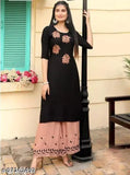 Black rayon kurta with embroidered peach plazzo, three-quarter sleeves