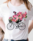 White polyester Bicycle Girl Design women's t-shirt, cool and comfortable for everyday wear under $200