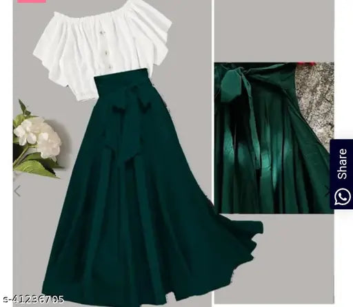 Women's green crepe skirt and white top combo, solid pattern, fashionable outfit for women, displayed on a mannequin