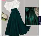 Women's green crepe skirt and white top combo, solid pattern, fashionable outfit for women, displayed on a mannequin