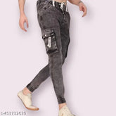 Stylish grey cargo jeans, men's ultimate fit denim with six pockets, made in India