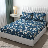 Attractive double fitted cotton bedsheet with botanical print and 2 large pillow covers, fits up to 8 inches mattress, ideal for adults in summer