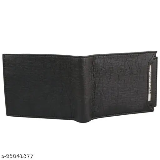 Black synthetic trifold wallet with 2 compartments and coin pocket for men