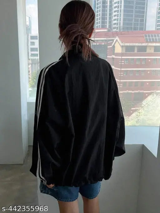 Solid black polyester long sleeves bomber jacket for girls and women, trendy zipper jacket with two pockets, fashionable and warm for winter