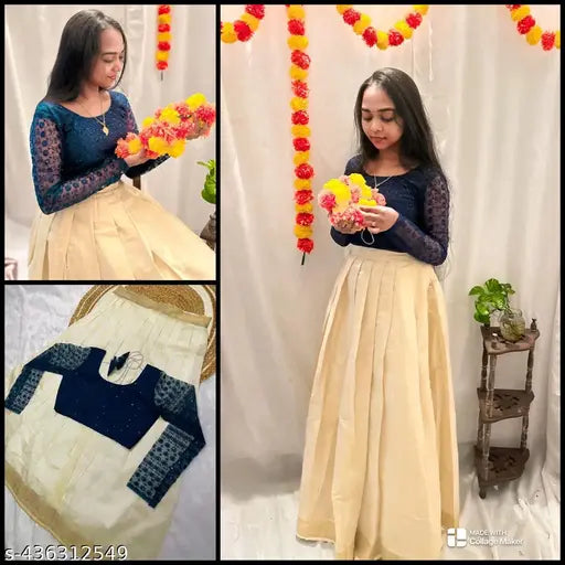 Teal Pattupavada designer set (PB126), embroidered top with soft net and full sleeve, Kerala silk skirt with jari border