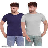 Blue & Grey Nylon Lycra T-shirt for Men & Boys - Half sleeves, round neck, solid pattern, perfect for all seasons
