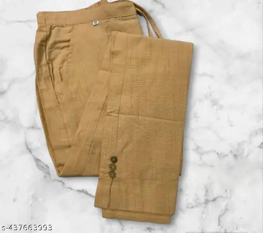 Beige cotton women's pants, golden color, solid pattern, Indian-made