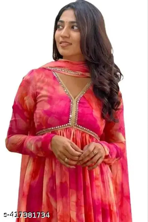 New Look partywear dupata set, Indian Georgette Leheriya printed long gown dress with round neck & long sleeves for casual or formal events