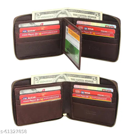Brown leather unisex zipper wallet with RFID blocking, premium quality and 2 compartments