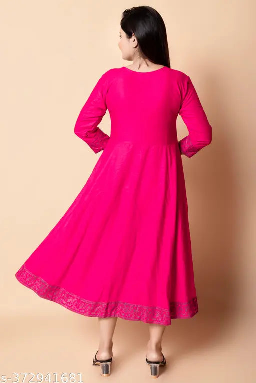 Pink Rayon Embroidered Anarkali Kurta, solid pattern for women's wardrobe, three-quarter sleeves