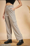 Cotton Lycra high-rise cargo pants, stylish wide-leg design with four pockets for women, available in sizes 26, 28, 30, 32, and 34 (28in/36in, 30in/36in, 32in/37in, 34in/37in)