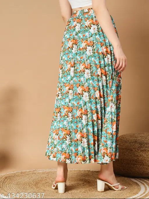 Floral pleated maxi skirt for women, printed net, vibrant floral pattern, practical pockets, Western wear, India-made