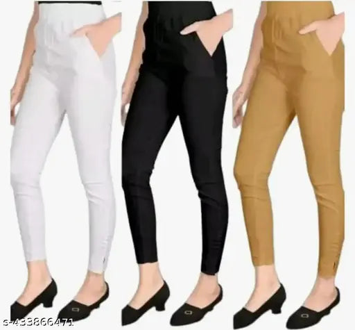 Laira cotton Cigar trousers, solid color combo pack of 3 - elasticated waist, Indian-made pants set