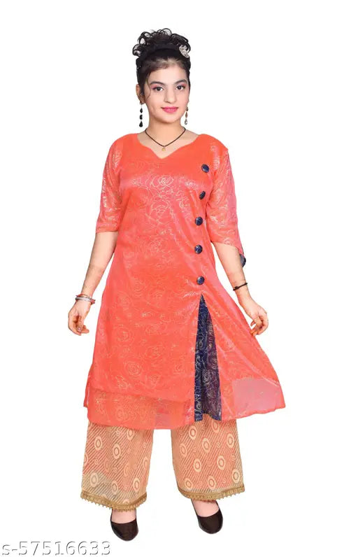 Gajri pink Kurta Palazzo set for girls, RK Collection. Printed anarkali top with short sleeves and knee-length. Fine quality net material, trendy and durable