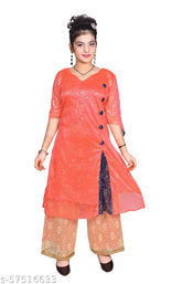Gajri pink printed kurta palazzo ethnic set for girls, RK Collection. Fine quality, trendy, skin-friendly kids party wear, knee length anarkali top with short sleeves, sizes 6-11 years, made in India