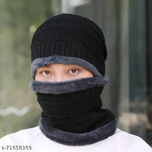 Arcylic unisex woolen balaclava cap combo, fur patterned for winter warmth