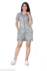 Fashionable hosiery print nightshirt and shorts set for girls and women, ideal for casual nightwear