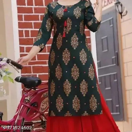 Rayon printed kurti set with sharara bottom, women's fashion in three-quarter sleeves. Rayon fabric from India