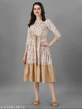 Floral printed fit & flared cotton kurti, three-quarter sleeves, ideal for office, parties. High neck design, great for women's wardrobe, Indian origin