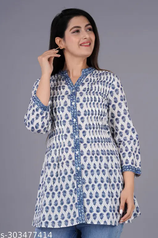 Indigo blue embroidered cotton printed pintuck top with three-quarter sleeves, Indian origin