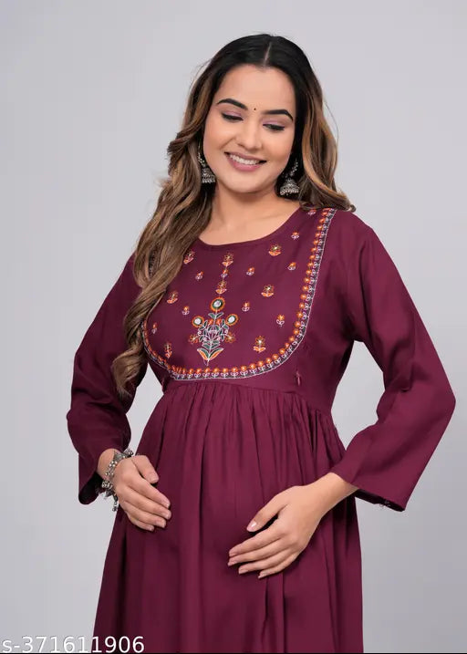 Rayon embroidered maternity kurta with three-quarter sleeves, festive outfit for women, India origin