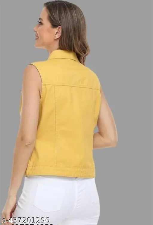 yellow denim haf sleeveless women's solid jeans jacket, size S-XL on model
