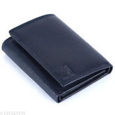 Blue genuine leather trifold wallet, RFID protected, 12 card slots, compact dimensions